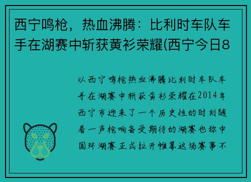 西宁鸣枪，热血沸腾：比利时车队车手在湖赛中斩获黄衫荣耀(西宁今日8车相撞)