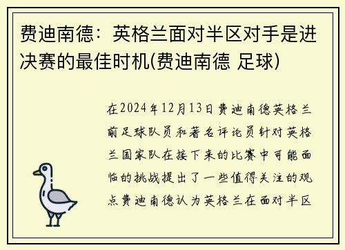 费迪南德：英格兰面对半区对手是进决赛的最佳时机(费迪南德 足球)