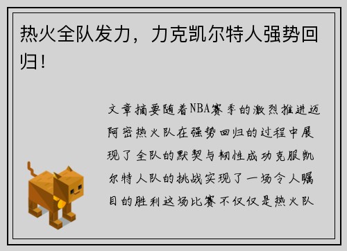 热火全队发力，力克凯尔特人强势回归！
