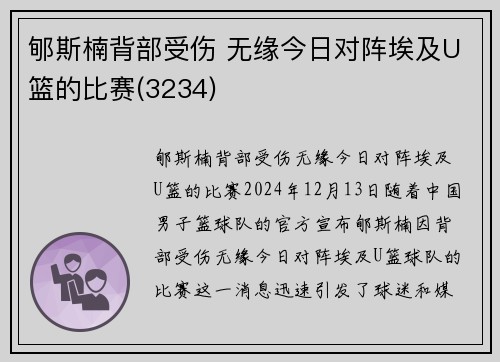 郇斯楠背部受伤 无缘今日对阵埃及U篮的比赛(3234)