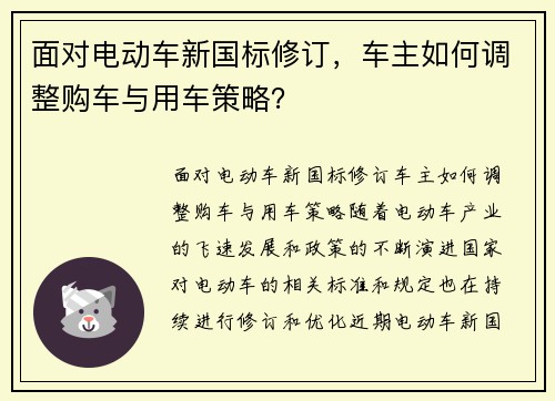 面对电动车新国标修订，车主如何调整购车与用车策略？