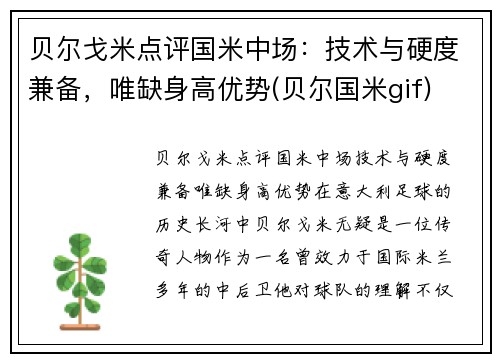 贝尔戈米点评国米中场：技术与硬度兼备，唯缺身高优势(贝尔国米gif)