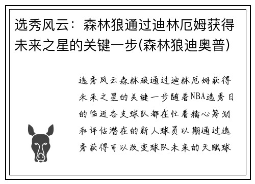 选秀风云：森林狼通过迪林厄姆获得未来之星的关键一步(森林狼迪奥普)