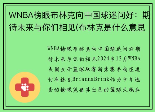 WNBA榜眼布林克向中国球迷问好：期待未来与你们相见(布林克是什么意思)