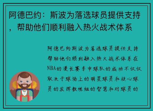 阿德巴约：斯波为落选球员提供支持，帮助他们顺利融入热火战术体系