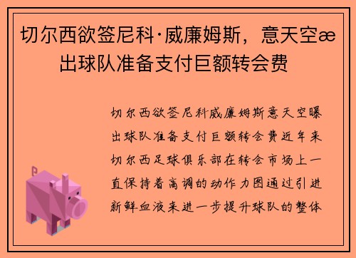 切尔西欲签尼科·威廉姆斯，意天空曝出球队准备支付巨额转会费