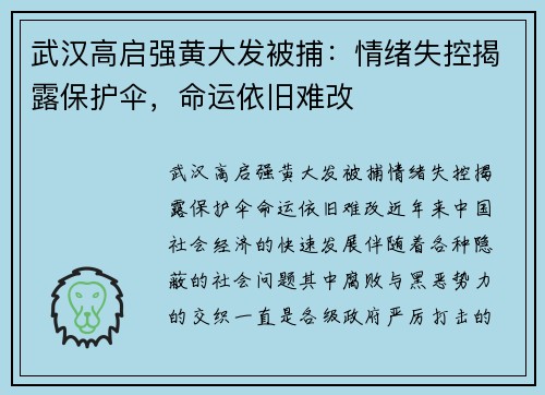 武汉高启强黄大发被捕：情绪失控揭露保护伞，命运依旧难改